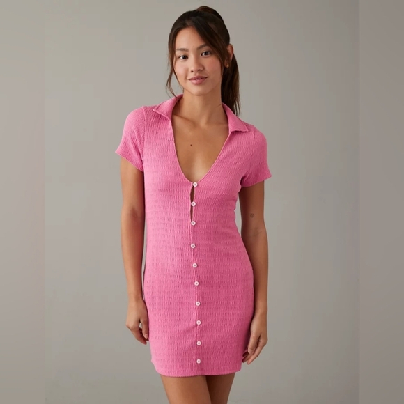 American Eagle Smocked Pink Button-Front Polo Mini Dress - XXL - Picture 1 of 14